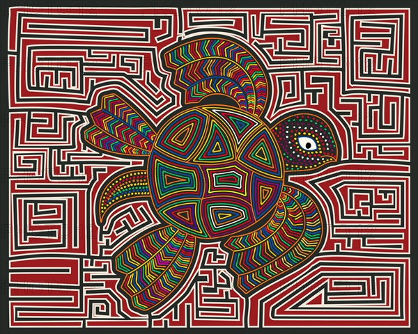 Sea turtle Mola Indian style composition, vector illustration