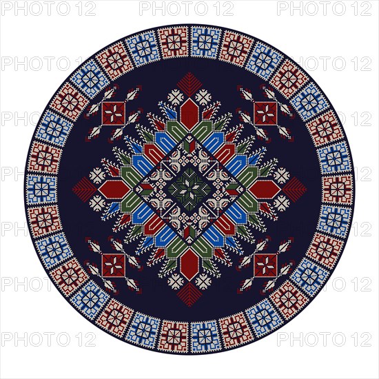 Decorative round Palestinian Tatreez design element over white background, vector illustration