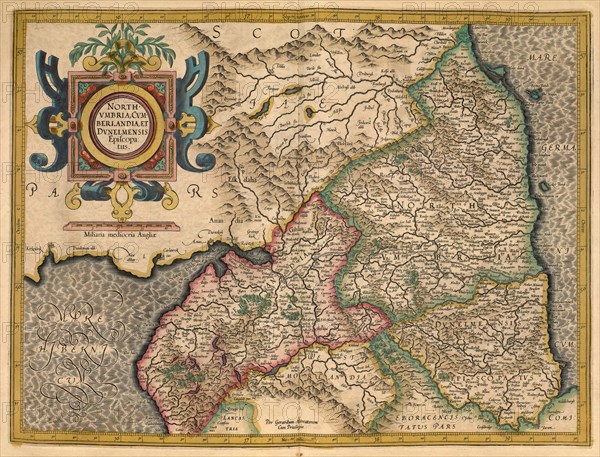 Atlas, map from 1623, Northumbria, one of the Anglo-Saxon petty kingdoms of England, digitally restored reproduction from an engraving by Gerhard Mercator, born as Gheert Cremer, 5 March 1512, 2 December 1594, geographer and cartographer