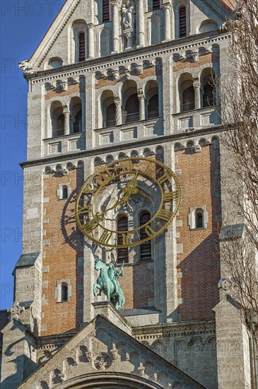 Tower clock and ornamental monument, neo-Romanesque parish church of St. Anne in Lehel, Munich, Bavaria, Germany, Europe