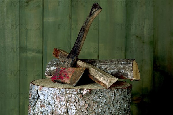 Axe on chopping block with log in front of green wooden wall, studio shot, Germany, Europe