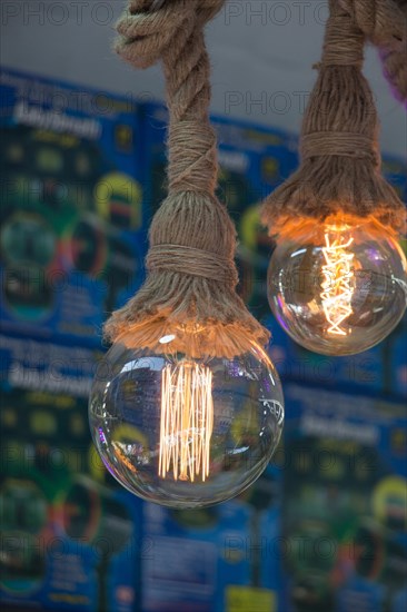 Decorative antique edison style filament light bulbs hanging