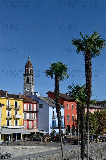 Lake promenade in Ascona with church Santi Pietro e Paolo, Lungolago, Canton Ticino, Switzerland, Europe