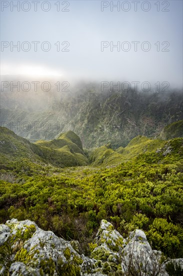 Mountains and ravines with fog, Achada do Teixeira, Madeira, Portugal, Europe