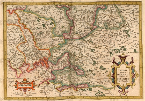 Atlas, map from 1623, Westerwald, Germany, digitally restored reproduction from an engraving by Gerhard Mercator, born as Gheert Cremer, 5 March 1512, 2 December 1594, geographer and cartographer, Europe