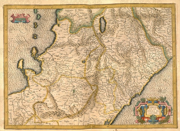 Atlas, map from 1623, Abruzzo, Italy, digitally restored reproduction from an engraving by Gerhard Mercator, born Gheert Cremer, 5 March 1512, 2 December 1594, geographer and cartographer, Europe