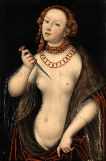Lucretia with the Dagger, Traditionally the work is considered to be a portrait of Lucretia Borgia, daughter of Pope Alexander VI. It shows an unknown lady in the guise of the ancient goddess of spring, Flora, painting by Lucas Cranach the Elder, 4 October 1472, 16 October 1553, one of the most important German painters, graphic artists and letterpress printers of the Renaissance, Historic, digitally restored reproduction of a historic original