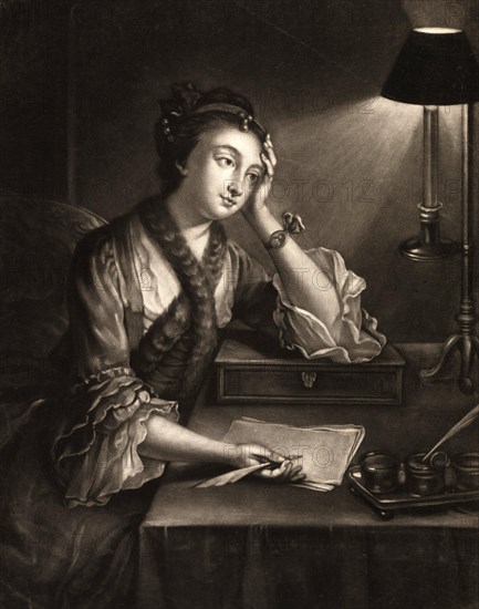 Woman sitting at a table and writing a letter, c. 1800, Germany, Historic, digitally restored reproduction of an original from the period, Europe