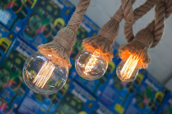 Decorative antique edison style filament light bulbs hanging