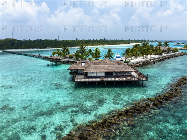 Aerial View, Paradise Island with Water Bungalows, Indian Ocean, Lankanfushi, North Male Atoll, Maldives, Asia