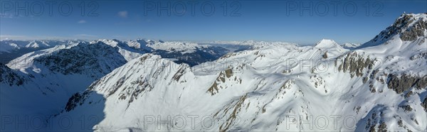View over Weissfluh summit and Haupter Horn into Schanfigg, drone image, Haupter Taelli, Davos, Grisons, Switzerland, Europe