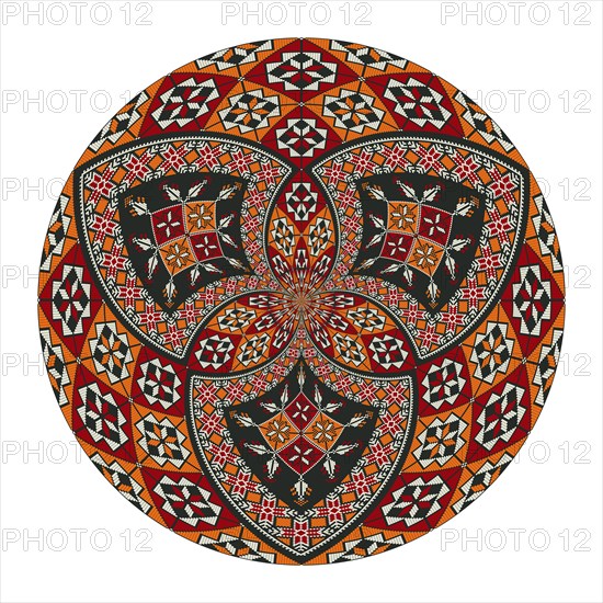 Decorative round Palestinian Tatreez design element over white background, vector illustration