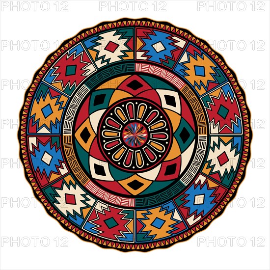 Decorative round tribal design element over white background, vector illustration