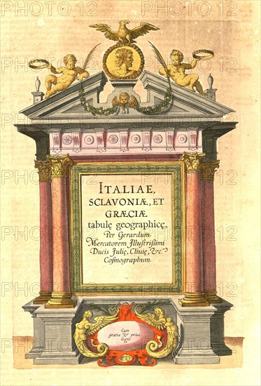 Atlas, map from 1623, Italy, intertitle in the atlas, digitally restored reproduction from an engraving by Gerhard Mercator, born as Gheert Cremer, 5 March 1512, 2 December 1594, geographer and cartographer, Europe