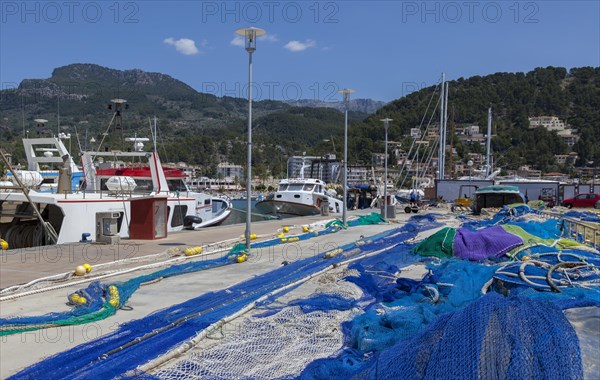 Colourful fishing nets and ropes laid out to dry, Port de Soller harbour, Majorca, Balearic Islands, Spain, Europe