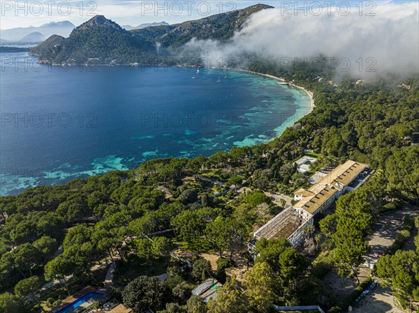 Aerial view, Spain, Balearic Islands, Port de Pollenca, Formentor Peninsula with Formentor Beach, Hotel Royal Hideaway Formentor formerly Hotel Formentor, Cala Pi de la Posada, Illa del Geret, Europe