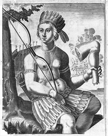 An allegorical representation of the Americas in the form of a seated Indian woman in a feathered skirt and headdress holding a bow and a severed human leg. Human activities include scenes of cannibalism, Historic, digitally restored reproduction of an original from the period