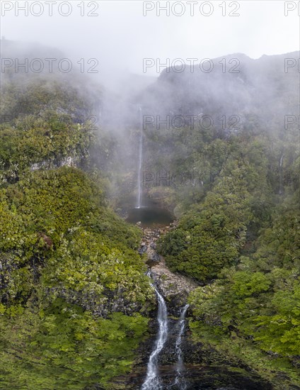 Aerial view, Lagoa do Vento with Upper Risco waterfall, forest and fog, Rabacal, Madeira, Portugal, Europe