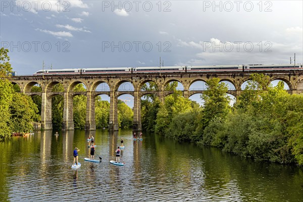 Enz viaduct Bietigheim with InterCityExpress ICE of Deutsche Bahn, railway viaduct over the river Enz, stand-up paddler, Bietigheim-Bissingen, Baden-Wuerttemberg, Germany, Europe