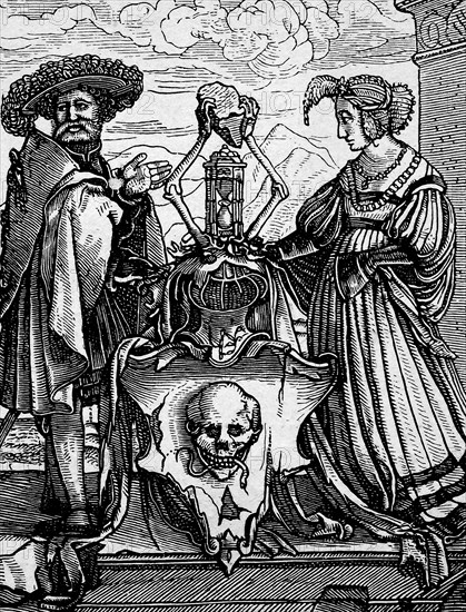 Dance of Death, also called Danse Macabre by Hans Holbein the Younger, The Coat of Arms of Death, Historic, digitally restored reproduction from a 19th century original