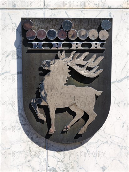 Coat of arms of Aland showing red deer with antlers, facade on the parliament building, Mariehamn, Aland Islands, Finland, Europe