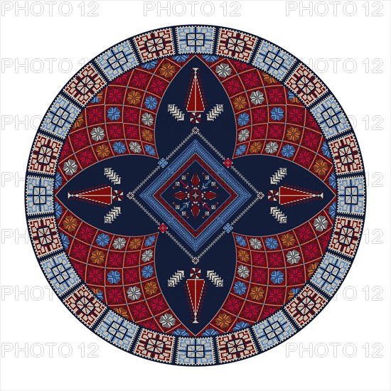 Decorative round Palestinian Tatreez design element over white background, vector illustration