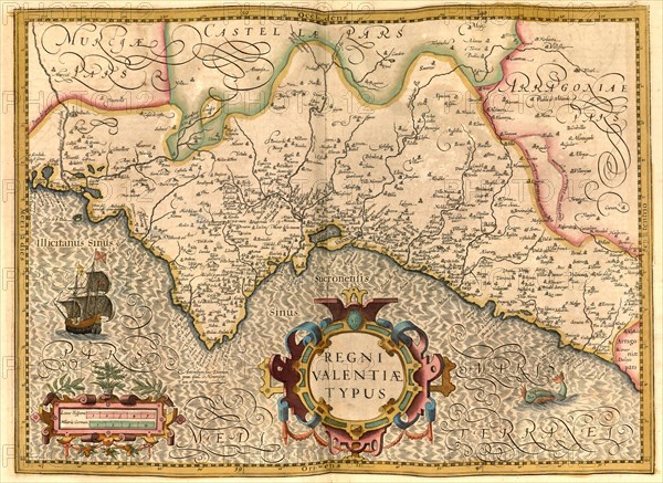 Atlas, map from 1623, Regni Valentiae Typus, Reino de Valencia, Spain, digitally restored reproduction from an engraving by Gerhard Mercator, born as Gheert Cremer, 5 March 1512, 2 December 1594, geographer and cartographer, Europe