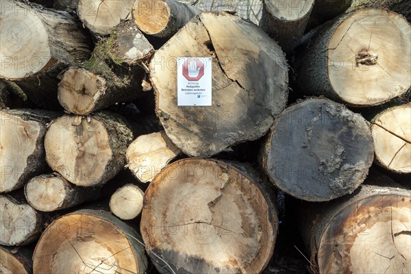 Tree trunks with the sign: Attention wood piles, do not enter, danger to life