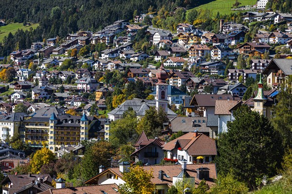 Village view of the tourist town of Sankt Ulrich, Val Gardena, Dolomites, South Tyrol, Italy, Europe