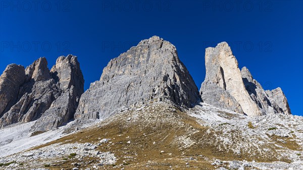 The peaks of the Three Peaks, view from the south side, Dolomites, South Tyrol, Italy, Europe