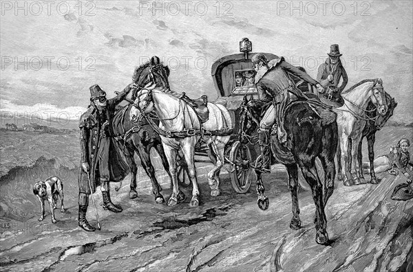Travelling by horse-drawn carriage in the Middle Ages, Historical, digitally restored reproduction from a 19th century original