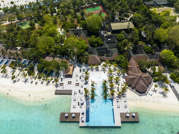 Aerial View, Paradise Island with Water Bungalows, Indian Ocean, Lankanfushi, North Male Atoll, Maldives, Asia