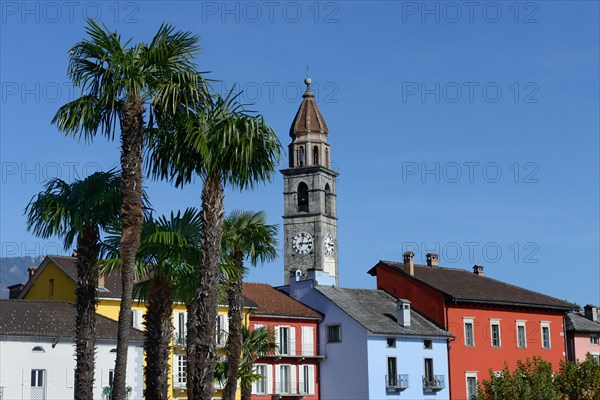 Lake promenade in Ascona with church Santi Pietro e Paolo, Lungolago, Canton Ticino, Switzerland, Europe