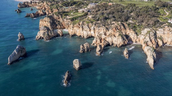 Praia da Marinha, rocks and cliffs, steep coast in the Algarve, Portugal, Europe