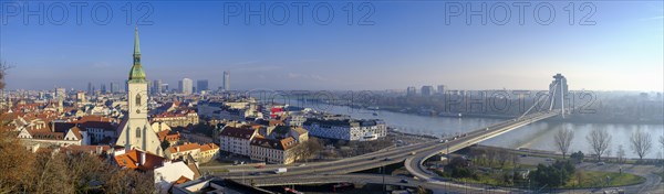 Panorama of the castle with the Old Town and St. Martins Church, the Danube and the Petrzalka district, Bratislava, Bratislava, Slovakia, Europe