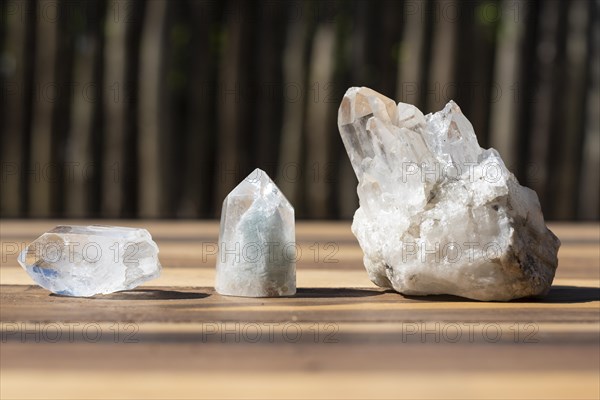 White quartz crystals on a table