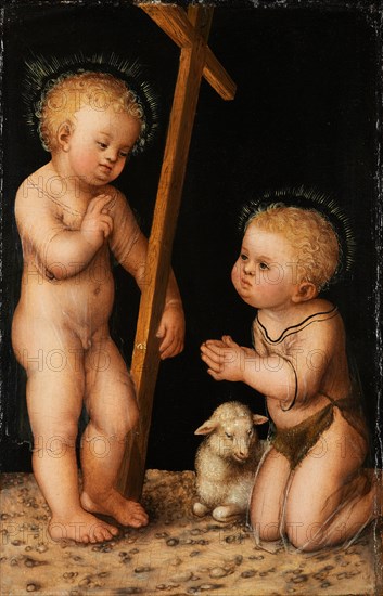 Jesus and John the Baptist as Child, painting by Lucas Cranach the Elder, 4 October 1472, 16 October 1553, one of the most important German painters, graphic artists and letterpress printers of the Renaissance, Historic, digitally restored reproduction of a historic original