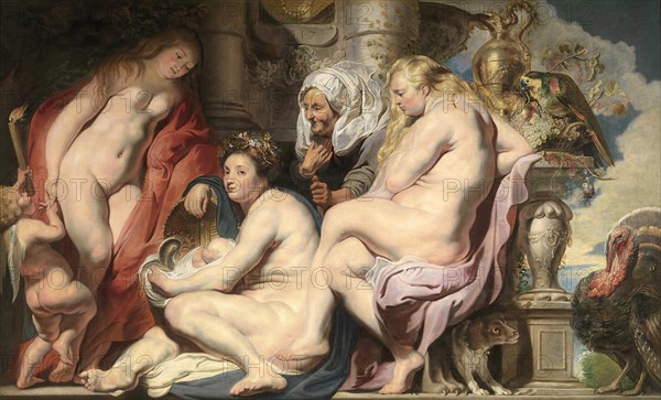 The daughters of Cecrops in search of the child Erichthonius, the earth-born, serpent-footed son of Hephaestus and Gaia, King of Attica, Painting by Jacob Jordaens, Historical, digitally restored reproduction from a historical work of art