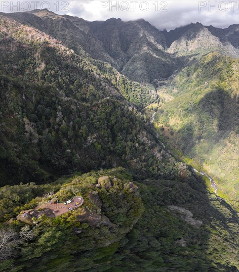 Aerial view, Panorama, Green hills and mountains, Viewpoint Miradouro dos Balcoes, Mountain valley Ribeira da Metade and the central mountains, Madeira, Portugal, Europe