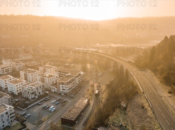 Road on the viaduct at sunrise, Nagold, Black Forest, Germany, Europe