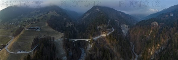 Salginatobel Bridge, educational object 1930s reinforced concrete bridge, engineering milestone ASCE, UNESCO World Heritage waiting list, drone image, Schiers Schuders, Praettigau, Graubuenden, Switzerland, Europe