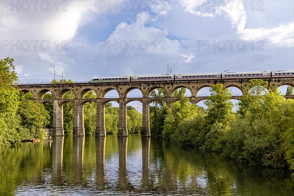 Enz viaduct Bietigheim with InterCityExpress ICE of Deutsche Bahn, railway viaduct over the river Enz, Bietigheim-Bissingen, Baden-Wuerttemberg, Germany, Europe