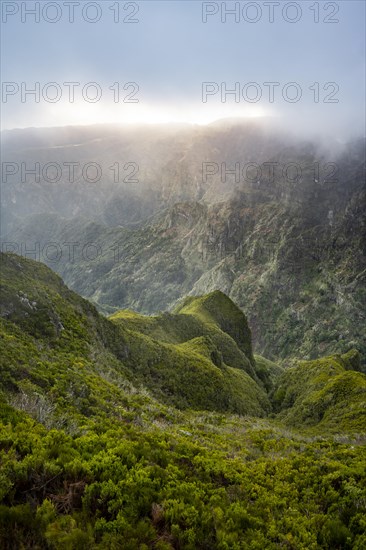 Mountains and ravines with fog, Achada do Teixeira, Madeira, Portugal, Europe