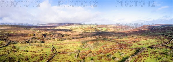 Panorama over Emsworthy Mire from a drone, Haytor Rocks, Dartmoor National Park, Devon, England, UK