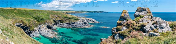 Panorama over Piskies Cove, South West Coast Path, Penzance, Cornwall, England, United Kingdom, Europe