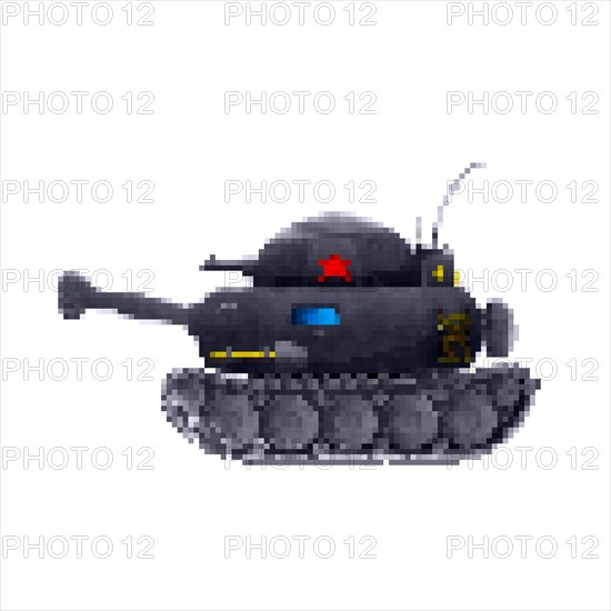 Red star tank 8 bit pixel art vector icon over white