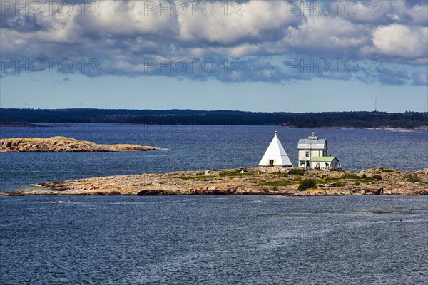 Old pilot station Kobba Klintar with museum, cafe and exhibition building in the shape of a pyramid, small island in the archipelago, harbour entrance Mariehamn, Aland Islands, Gulf of Bothnia, Baltic Sea, Finland, Europe