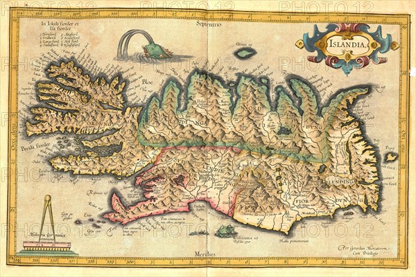 Atlas, map from 1623, Iceland, digitally restored reproduction from an engraving by Gerhard Mercator, born as Gheert Cremer, 5 March 1512, 2 December 1594, geographer and cartographer, Europe