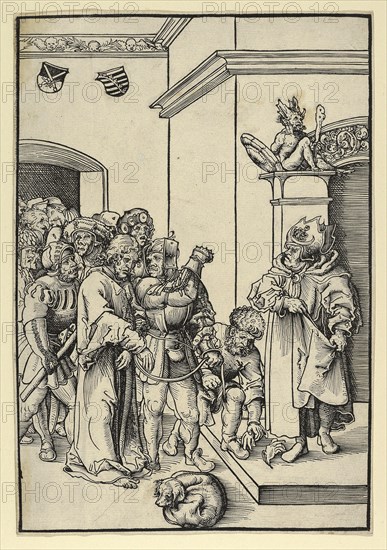 Christ in front of Caiaphas, from the Passion, painting by Lucas Cranach the Elder, 4 October 1472, 16 October 1553, one of the most important German painters, graphic artists and letterpress printers of the Renaissance, Historical, digitally restored reproduction of a historical original