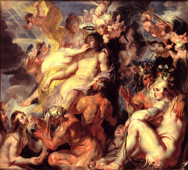 The apotheosis, deification, elevation of a man to a god or demigod of Aeneas, Aeneas is a person of both Greek and Roman mythology, Painting by Jacob Jordaens, Historical, digitally restored reproduction from a historical work of art
